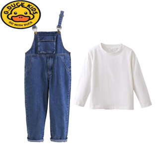 G.duckkids boys and girls denim overalls suit spring and autumn 2025 new medium and large children's long pants performance clothing 102 overalls + white long-sleeved t-shirt 160 recommended 150-160cm age 11-12 years old