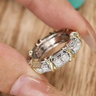 Pool example 18k gold two-color pt950 platinum cross 16 sixteen stone natural diamond ring color-separated row ring full diamond