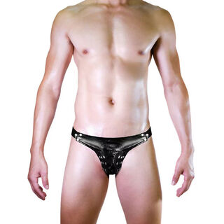 Men's men's sexy underwear, imitation leather iron nails, breathable rope thong, elastic passion nightclub sexy black one size