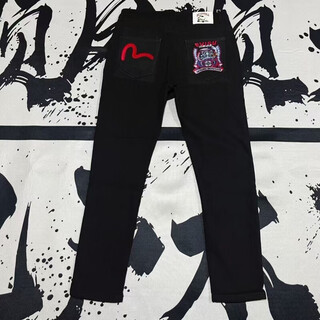 Evisu's new fushen ev trendy brand casual versatile printed small feet same style jeans slim printed straight stretch trousers red monster jeans-black popular s size recommended 60-75jin jin is equal to 0.5 kg