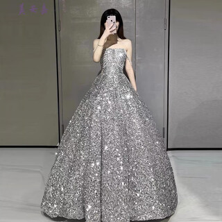 Mei anjia starry sky sequined evening dress with light luxury temperament annual meeting host engagement wedding dress toasting dress bride silver sequin style xl