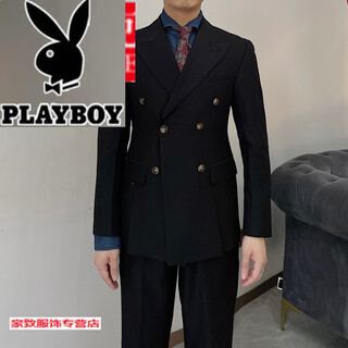 Playboy (playboy) british retro men's gentleman's slim double-breasted suit suit korean style fashionable business formal suit two-piece suit black xl suit + pants