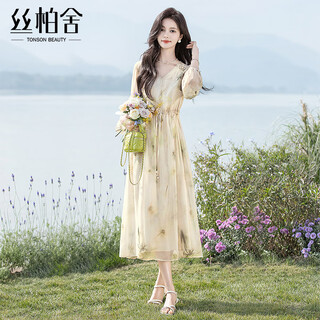 Sibaishe high-end temperament dress women's 2025 autumn new fashion simple floral waistline bubble long-sleeved mid-length skirt light green flower m