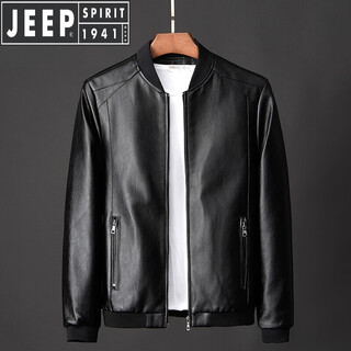 Jeep spirit jeep leather jacket men's 2026 autumn and winter velvet thickened trendy handsome motorcycle leather jacket large size men's 1809 black no velvet 2xl 135-148jin jin is equal to 0.5 kg