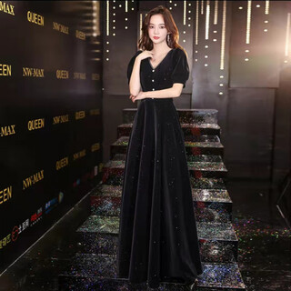 Aoyanlai large size velvet evening dress for fat women, slimming 200 jin jin equals 0.5 kg, banquet temperament host long annual meeting dress plus fat, black 4xl (160 jin jin equals 0.5 kg, 180 jin jin equals 0.5 kg)