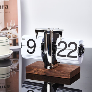 Momen mechanical page-turning clock, automatic page-turning clock, living room clock, retro personalized desktop ornament, clock creative ornament, walnut-white page with black characters 20.7*8.8*14.3cm