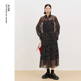 Aum easy suit 2025 spring new chiffon printed polka dot shirt black skirt black skirt s