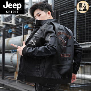 Jeep spirit flight jacket spring and autumn leather jacket trendy fat man motorcycle jacket plus fat plus size embroidery fashion stand collar men's black 2021 model without velvet regular m weight 95jin jin equal to 0.5 kg or less