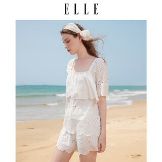 Elle white cotton pajamas for women 2025 summer new style french ruffle resort style short-sleeved shorts set white (top) m