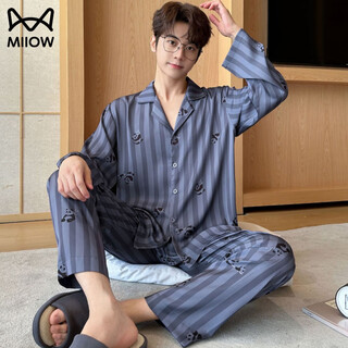 Miiow couple pajamas men's and women's long sleeve long pants two-piece set spring and autumn ice silk cute panda home clothes casual suit men's panda 2xl