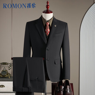 Romon suit + vest + trousers suit men's slim professional formal dress wool jacket black 2xl