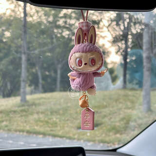 Genuine labubu yoga cute flocked doll car pendant car rearview mirror hanging upgraded model confident style