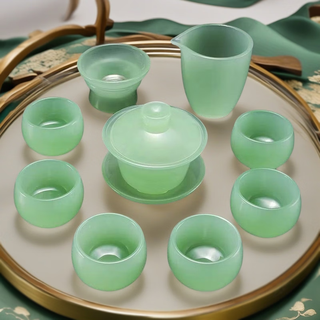 Fumei ancient house high-end sky blue jade porcelain kung fu tea set light luxury tea bowl high-end reception office complete gift box set sapphire-jade porcelain tea set 10 pieces