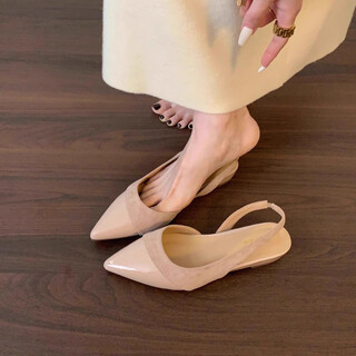 Fansheng yu slope heel sandals for women 2026 gentle fairy french style elegant suede pointed toe shallow open back commuting shoes commuting pointed toe sandals for women nude pink 3cm 36
