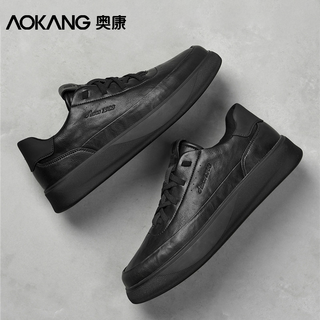 Aokang high-end casual leather shoes for men, comfortable soft soles and versatile business small leather shoes for men, trendy and fashionable black sneakers, jet black 41
