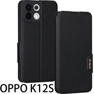 Haoya oppo k12x mobile phone case flip cover 5g lens fine hole all-inclusive k12 front magnetic buckle k12+ soft silicone case anti-fall s protection simulated cowhide k12s litchi leather pattern (black)