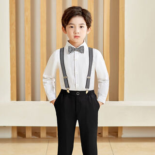 He jiagong birthday children's suit suit little host flower girl boy british suit boy dress jacket piano white long sleeves black trousers striped suspenders bird plaid collar 110