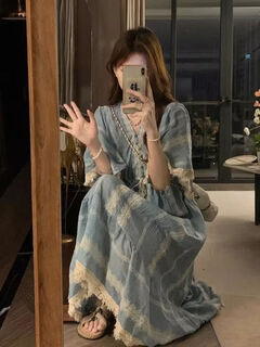 Weifeile plus size women's dress 2025 summer new fat mm ethnic style embroidery slimming belly-covering beach seaside long dress dress 3xl recommended 161-180jin jin equals 0.5 kg