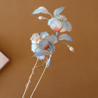 Meng junchen intangible cultural heritage gradient velvet flower hairpin new chinese hanfu accessories ancient costume imitation dotted green classic hairpin gift hair accessory gradient blue