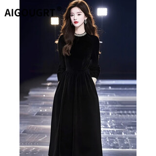 Aigougrt long-sleeved dress for women 2025 autumn new clothes stylish retro generous velvet long-sleeved skirt autumn black velvet dress l recommended 109-118jin jin equals 0.5 kg