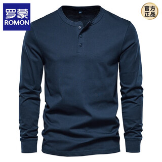 Romon long-sleeved t-shirt for men, pure cotton, heavyweight army green henley shirt, american spring and autumn round neck open-neck top, royal blue m (weight 130-145jin jin equals 0.5kg)
