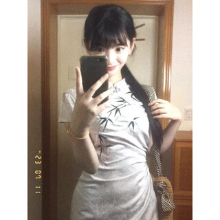 Zhenxiqi new chinese bamboo cheongsam skirt stand collar slim fashionable waist mid-length jacquard improved young style daily wear light gray l