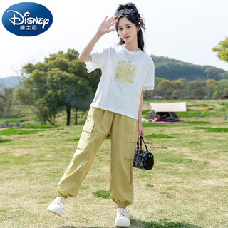 Disney (disney) girls short sleeve suit summer 2025 new fashionable big children summer girls fashionable youth sports two-piece set ginger 130 cm
