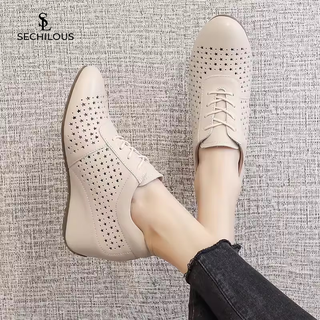 Sechilouis brand wedge shoes for women, comfortable soft-soled high-heeled lace-up casual shoes for spring and summer, breathable hollow inner height-increasing shoes for women, off-white 36