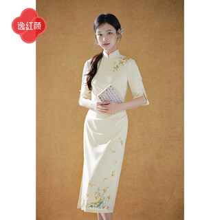 E.beauty e.beauty yueshu 2025 new autumn style waist folded jade rabbit golden osmanthus embroidery slit sleeves new chinese style cheongsam for women off-white 2xl