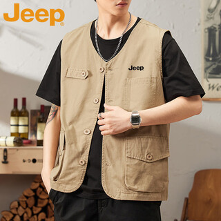 Jeep (jeep) vest men's spring and autumn casual fishing vest workwear multi-pocket fishing suit sleeveless jacket khaki l