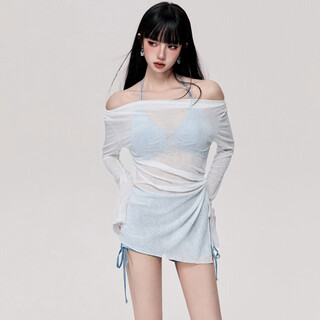 Nanmu xiong bikini swimsuit for women 2025 new seaside hot spring sexy retro high-end long-sleeved blouse split vacation swimsuit blue blouse three-piece set 70-115