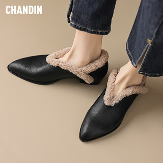 Asamachi winter 4.5cm top layer sheepskin fur boots warm lambswool pointed toe thick heel short boots women's fashion ankle boots black 35