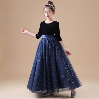 Simiaoxing children's host dress hepburn style girls high-end piano performance clothing big children violin evening dress mid-sleeve starry sky blue 100