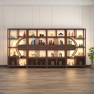 New chinese style ash wood solid wood shelf tea room tea display cabinet household duobaoge wine cabinet bookshelf storage rack reunion shelf (walnut color without lights)