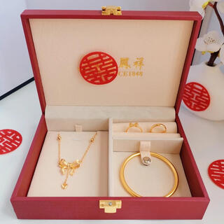 Qian sheng yuan lao phoenix 999 engagement simulation three gold jewelry bride fugitive princess necklace female wedding hardware props set fugitive princess three gold set + shan lao fengxiang quality