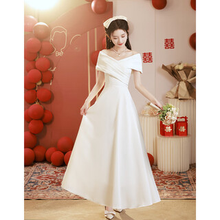 Nyig one-shoulder white small evening dress can be worn at ordinary times. engagement dress is elegant. small white dress for host to receive certificate and registration. white long style fms 2315 m - note that the dress is too small. please consult the customer first.