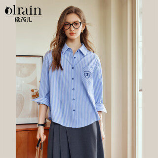 Olrain striped long-sleeved shirt women's autumn british college style commuting shirt blue striped l