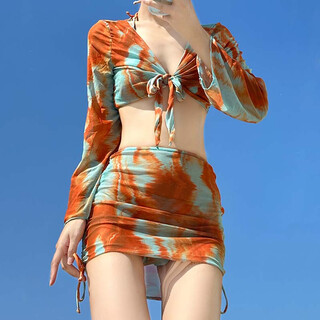 Yezhi bikini swimsuit feminine long sleeve 2025 extremely tempting three-point swimsuit seaside beach vacation green brown tie dye four piece set recommended 80-120 jin jin equals 0.5 kg