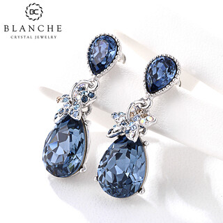 Blanche blue crystal earrings feminine water drop earrings high-end earrings mother's day gift non-pierced ear clips ear needle style - blue