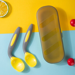 Deluxe twisted spoon baby learns to eat training spoon one year old elbow fork and spoon set baby food supplement spoon curved children's meal lemon yellow bendable (can be bent or straight) large single spoon comes with storage box (over 2 years old)