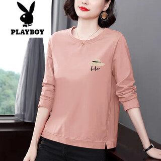 Playboy (playboy) pure cotton long-sleeved t-shirt for women spring and autumn new fashion mom inner layering shirt cotton middle-aged casual top for women pink hat m recommended 105jin jin is equal to within 0.5 kg