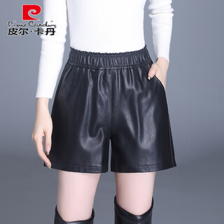 Pierre cardin genuine leather pants women's shorts 2025 spring and autumn new style high waisted wide legs slim versatile outerwear sheepskin boots pants trendy black l large 95-110jin jin is equal to 0.5 kg
