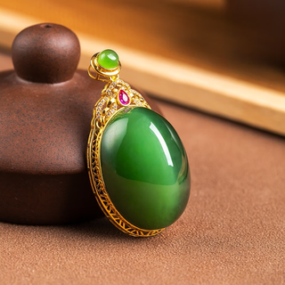 Only double hetian jade jasper pendant cat's eye egg pendant 18k gold inlaid jade a goods jade with certificate 517