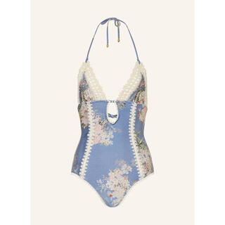 Zimmermann women's one-piece swimsuit v-neck back tie deep back high slit full cover bikini swimsuit blue gray / beige one size | xl