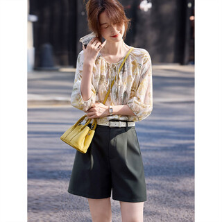 Awakening paradise summer forest style super fairy design niche top long sleeve floral shirt belt shorts two-piece suit women dark green s