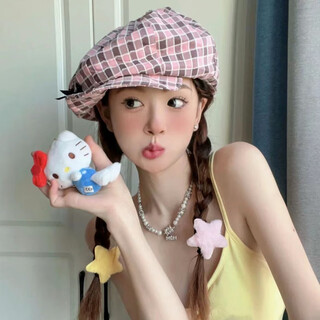 Shijanu new product day bear same style beret women's sweet and cool face showing small subculture octagonal hat cute butterfly plaid beret one size