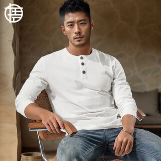Enlightenment 280g heavy-weight henley shirt men's long-sleeved t-shirt henley collar slim-fit pure cotton solid color bottoming shirt for autumn and winter outer wear off-white m (100-130jin jin is equal to 0.5 kg)