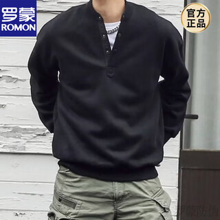 Romon handsome trendy autumn men's henley collar long-sleeved t-shirt bottoming shirt stand-up collar solid color loose casual pullover sweatshirt black high quality xl recommended 120-135jin jin equals 0.5 kg