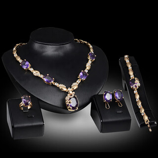European and american exaggerated necklace and earrings set, imitation gemstone jewelry set, chain, bridal jewelry, wedding dress, four-piece set of accessories