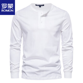 Romon henley shirt men's autumn heavyweight t-shirt pure cotton long-sleeved henley collar high-end men's business bottoming shirt slim top white m weight 125-145jin jin equals 0.5 kg